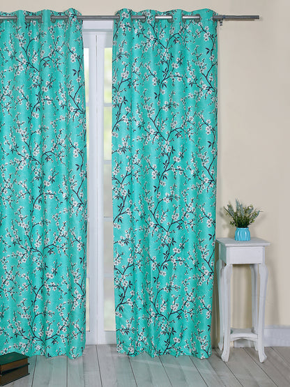 Printed Curtains in Firozi color made with Polylinen Material , Curtain - 1 pc