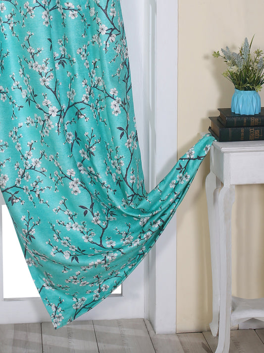 Printed Curtains in Firozi color made with Polylinen Material , Curtain - 1 pc