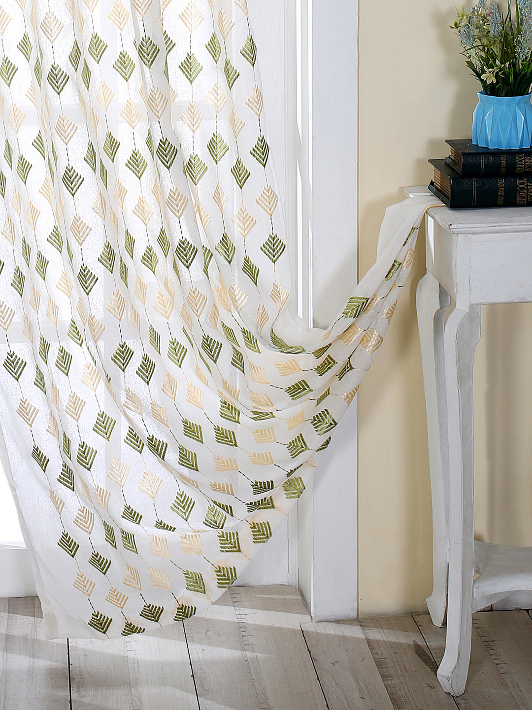 Embroidered Sheer Curtain in Green color made with Polylinen Material , Curtain - 1 pc