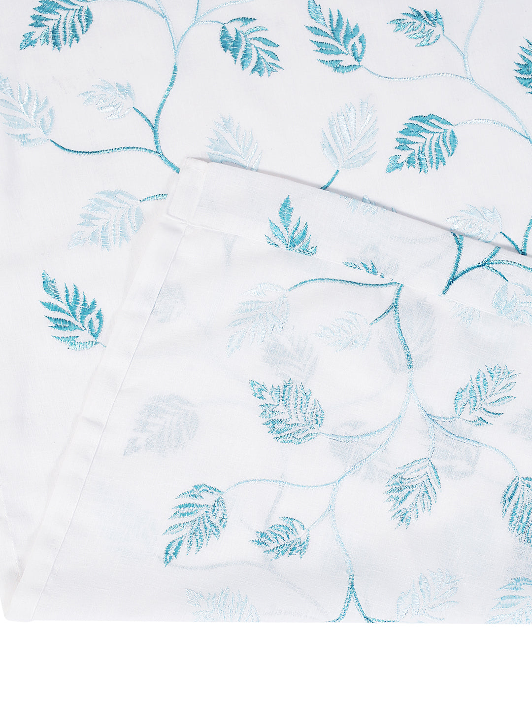 Embroidery Sheer curtain in White & Turquoise Blue color made with  Polylinen Material , Curtain - 1 pc