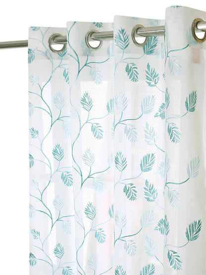 Embroidery Sheer curtain in White & Turquoise Blue color made with  Polylinen Material , Curtain - 1 pc