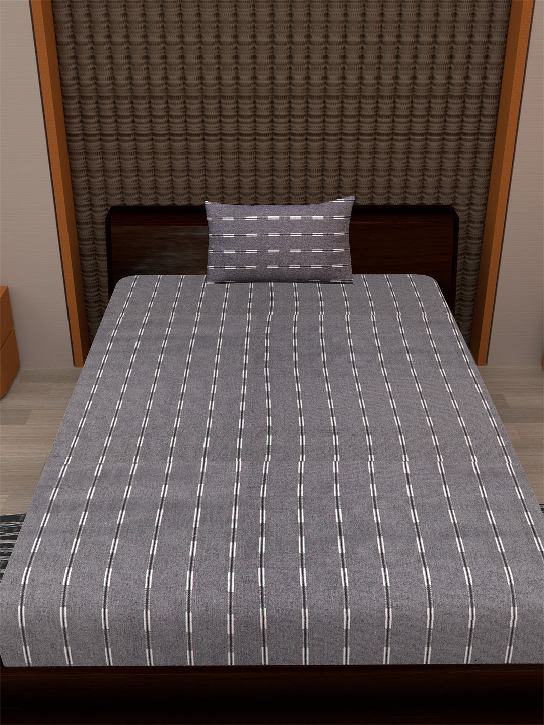 Set of 2 Solid Grey Color Cotton Single Bedcover Set, 1 Single Bedcover, with 1 Pillow Cover