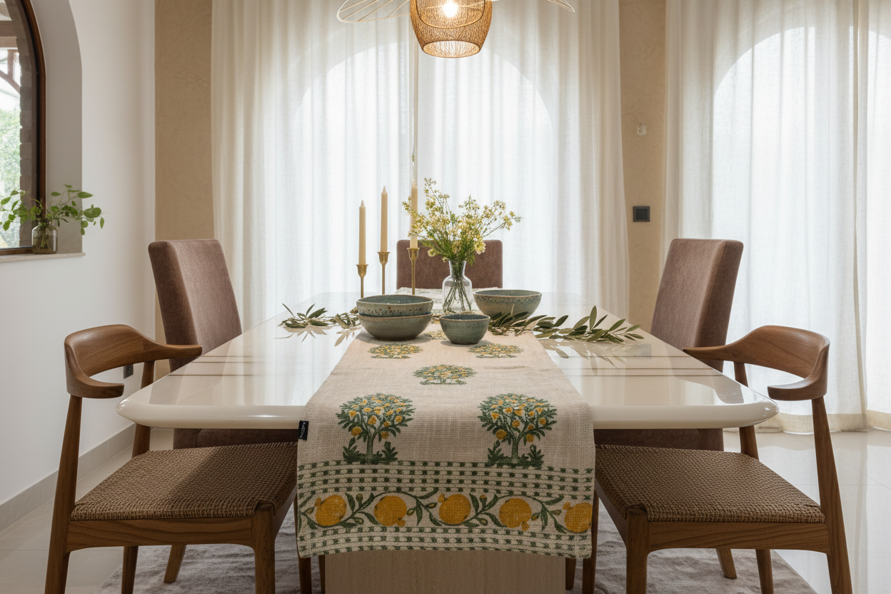 Block Print Table Runner — Lifestyle Mediterranean Scene