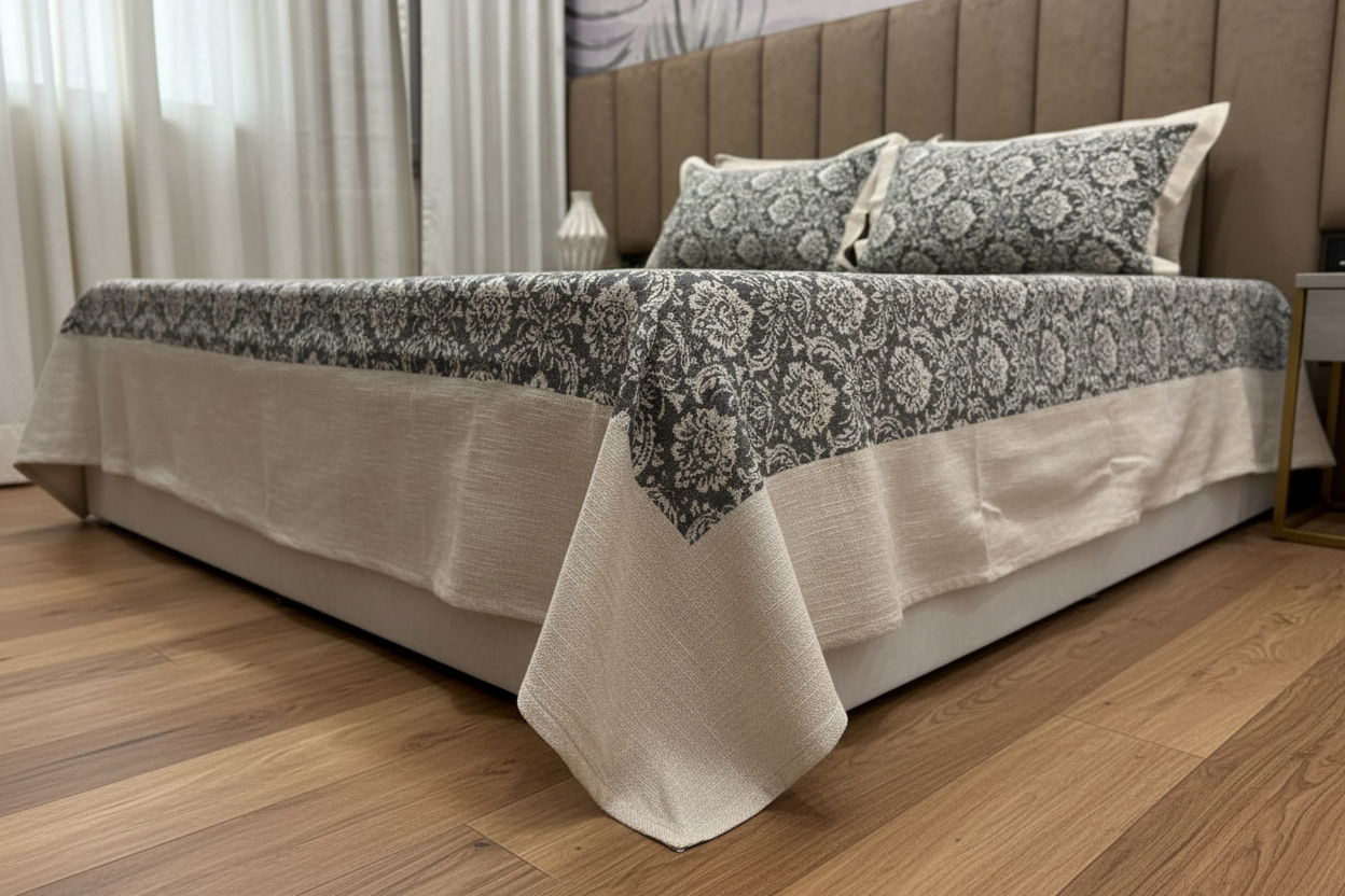 Charcoal Damask Bedcover — Corner Drape