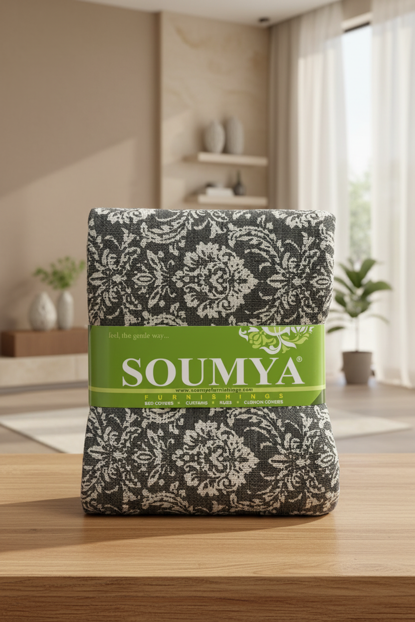 Charcoal Damask Bedcover — Existing Packaging in Luxury Showroom Setting