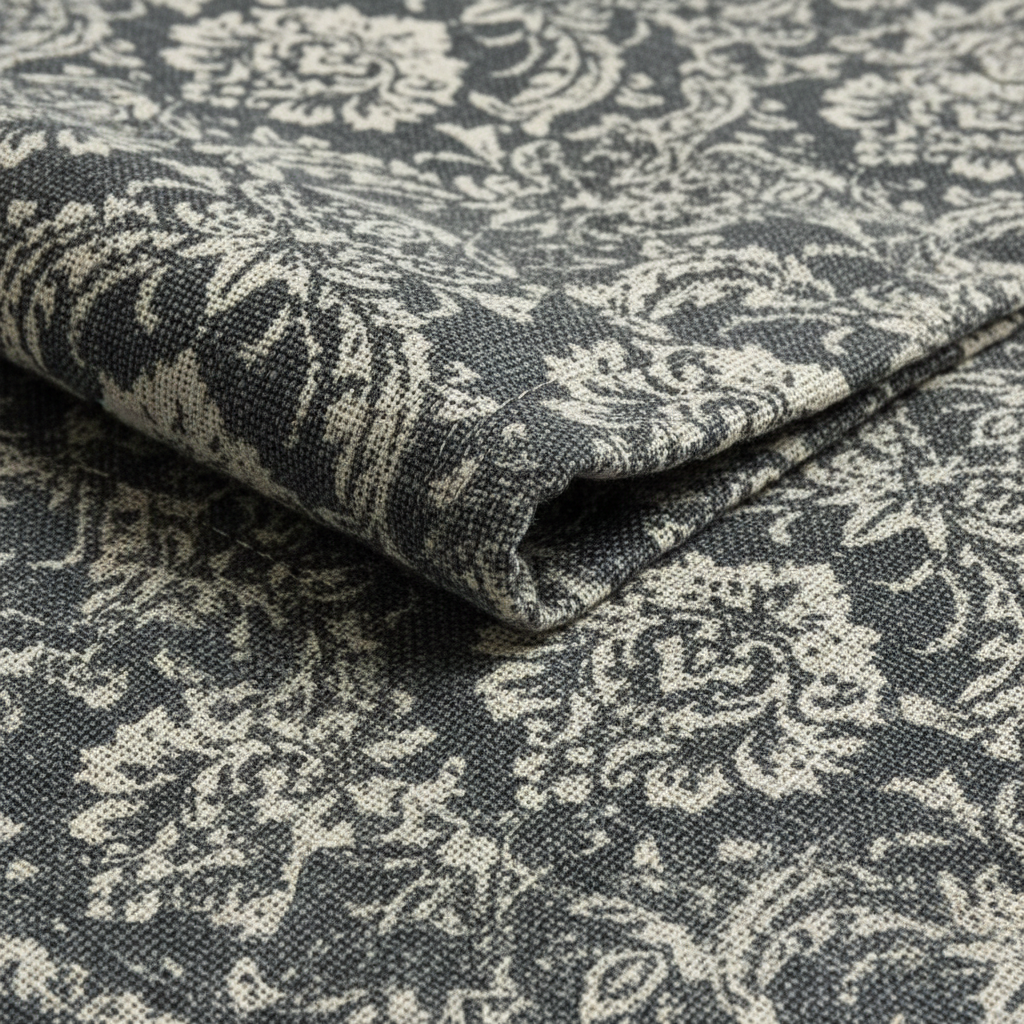 Charcoal Damask Bedcover — Macro Textile Detail