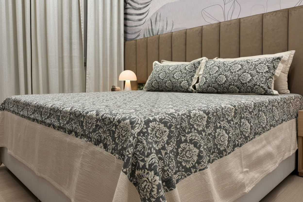 Charcoal Damask Bedcover — Side Perspective