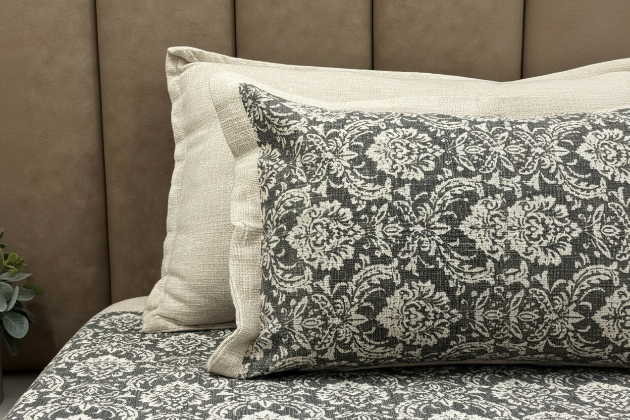 Charcoal Damask Pillow Covers — Close-Up