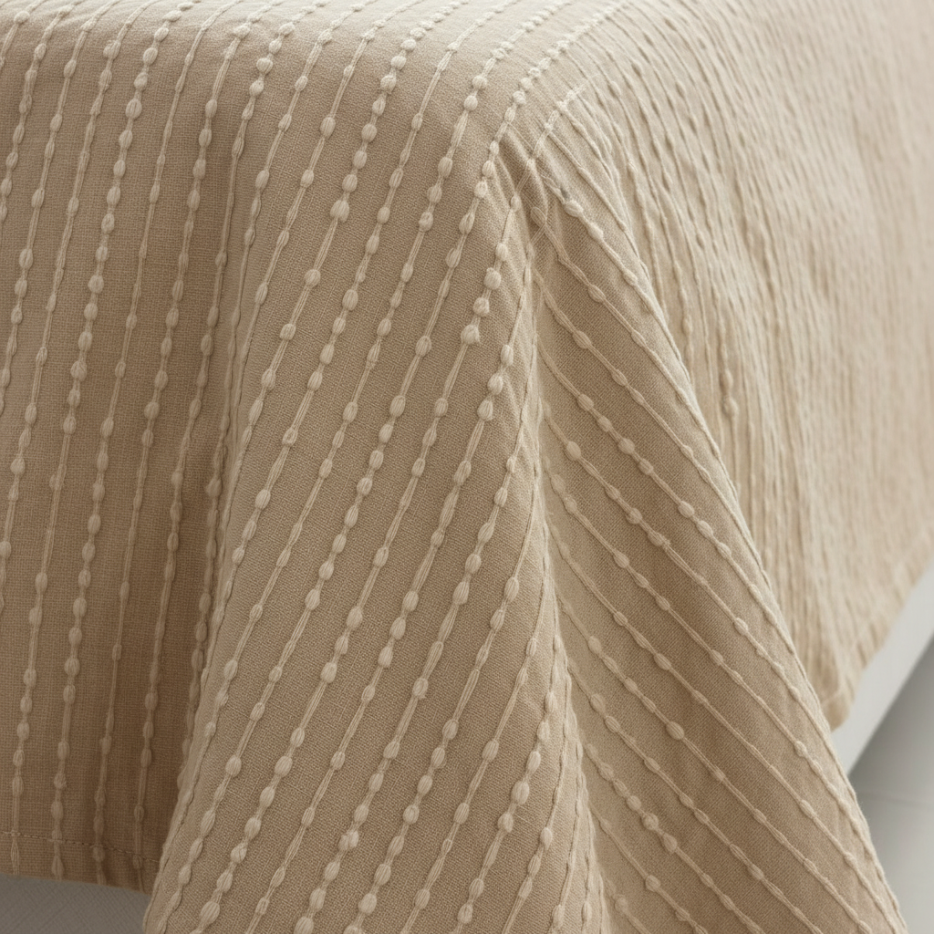 Cream Dotted Stripe Bedcover — Macro Stitch Detail