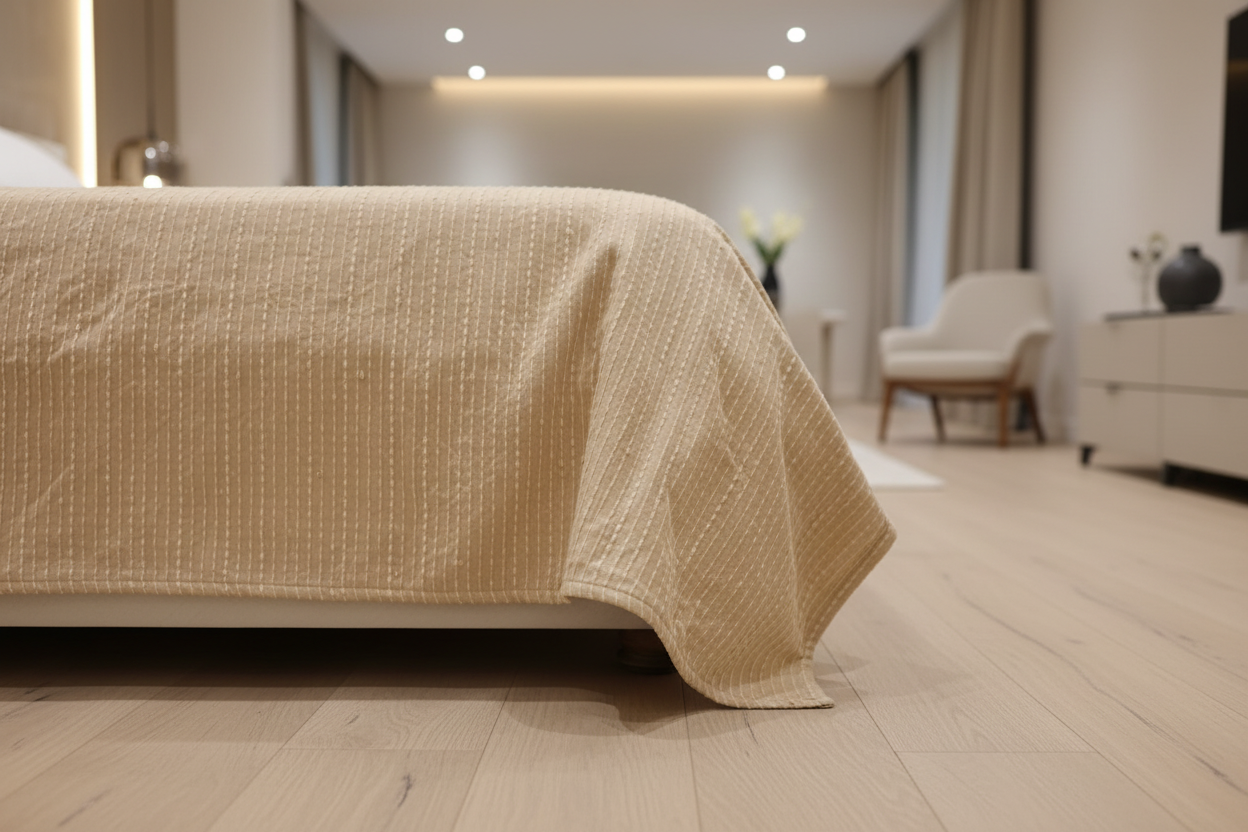 Cream Dotted Stripe Bedcover — Side Drape Close-Up