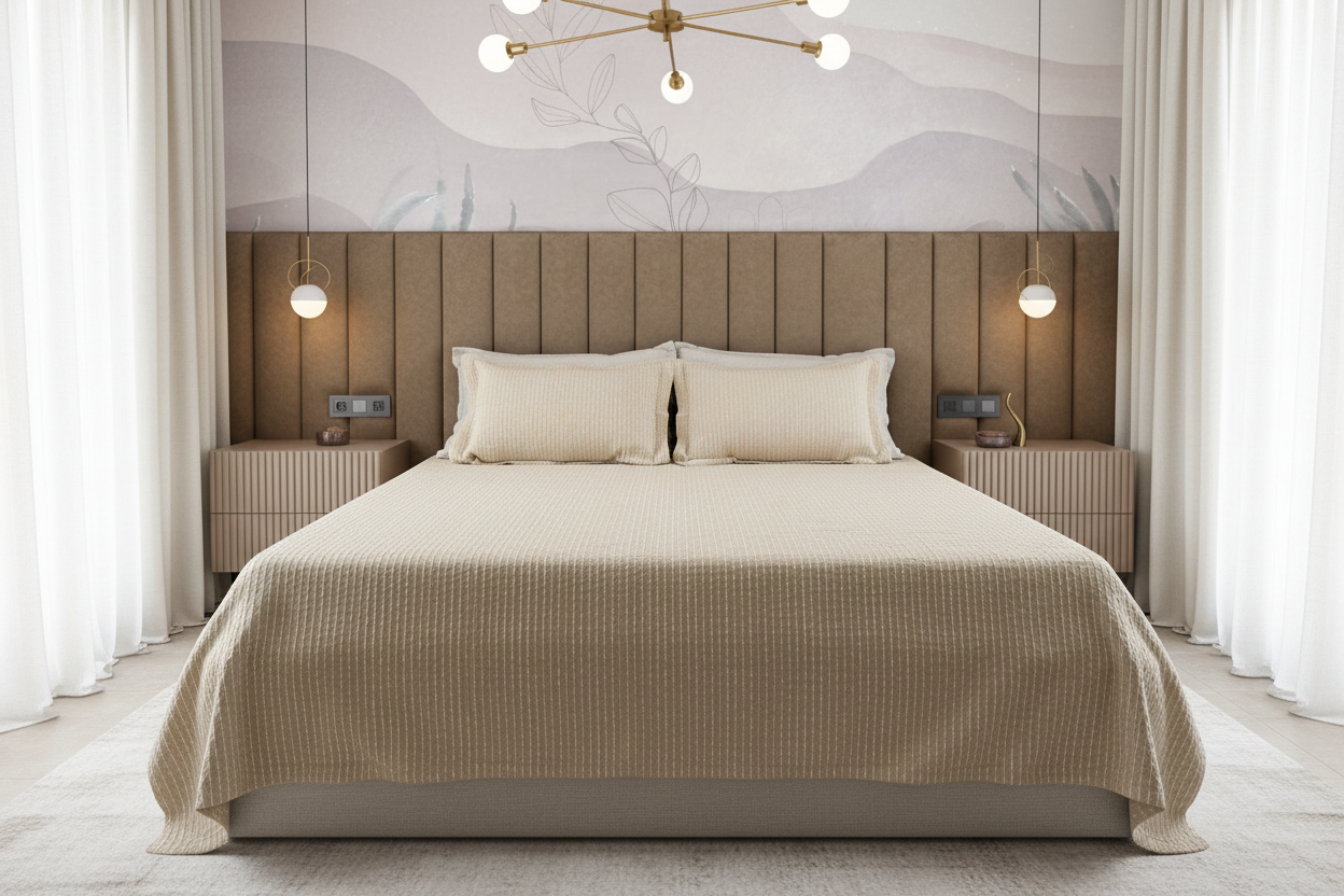 Cream Dotted Stripe Bedcover — Straight Front