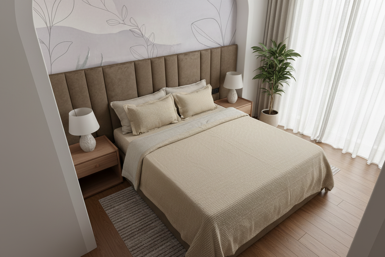 Cream Dotted Stripe Bedcover — Top Corner Elevated