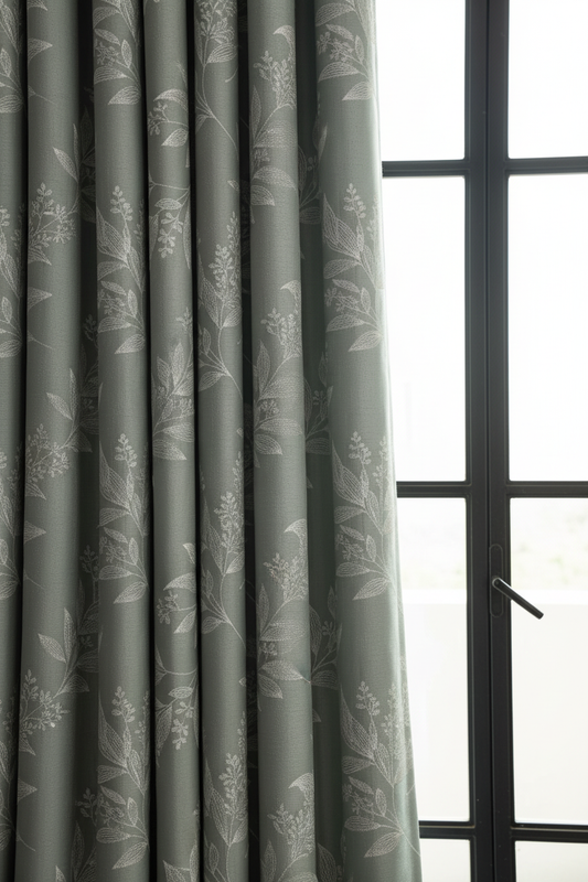 Sage Green Botanical Curtain — Architectural Editorial Close-Up