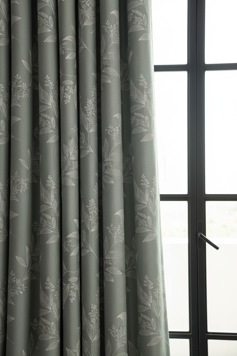 Sage Green Botanical Curtain — Architectural Editorial Close-Up