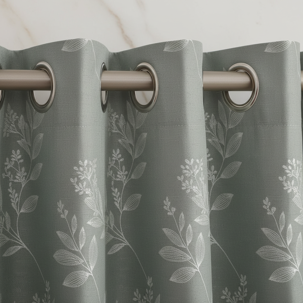 Sage Green Botanical Curtain — Eyelet Header Close-Up