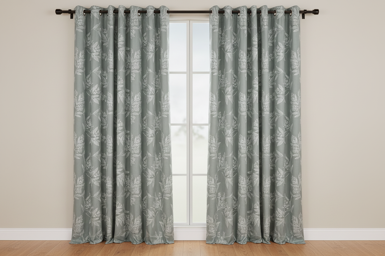 Sage Green Botanical Curtain — Symmetrical Open Panel Living Room